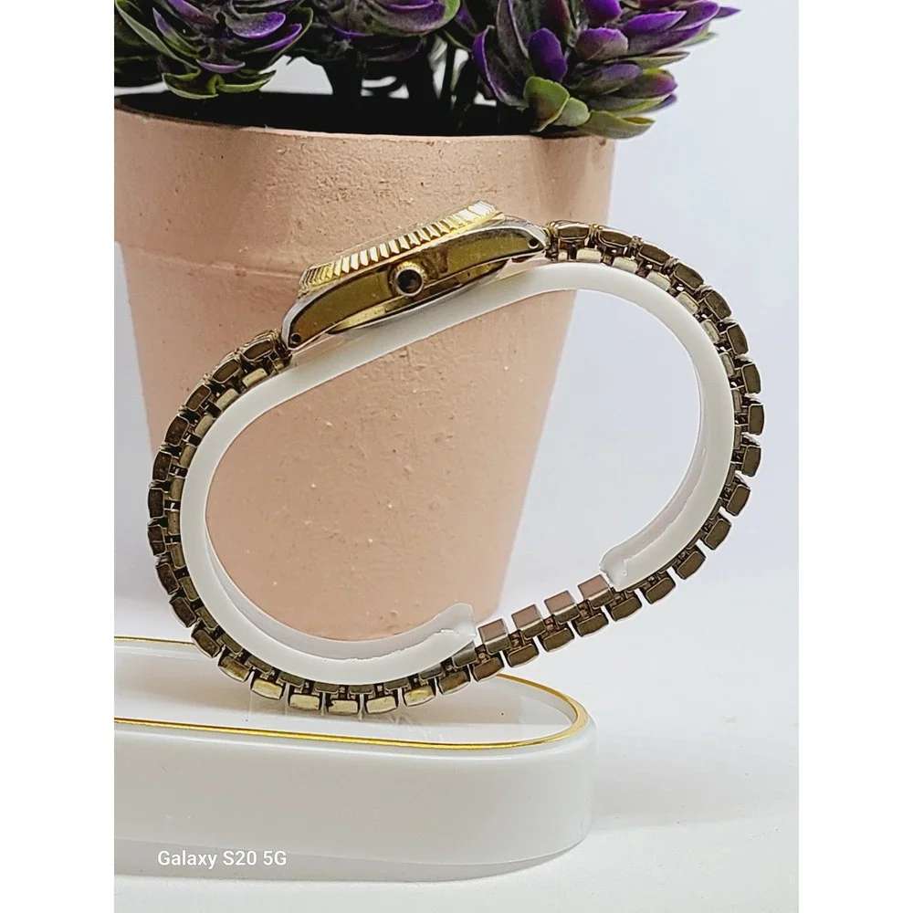 Womens Two Tone Gold‎ Silver Quartz Watch Fluted Bezel Expansion Band WS81 415